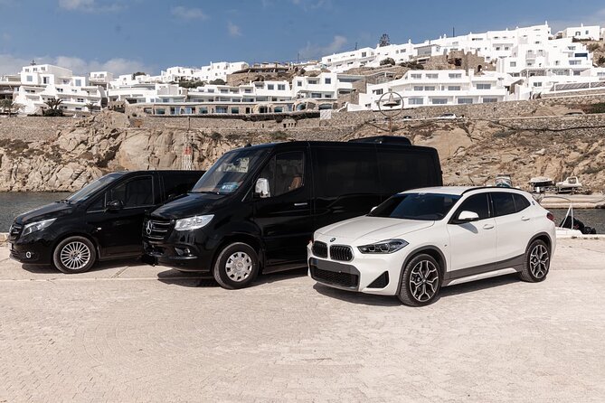 24-hour Point-Point Mykonos Airport and Port Transfers Service - Premium vehicle + private group sizing (1 to 13)